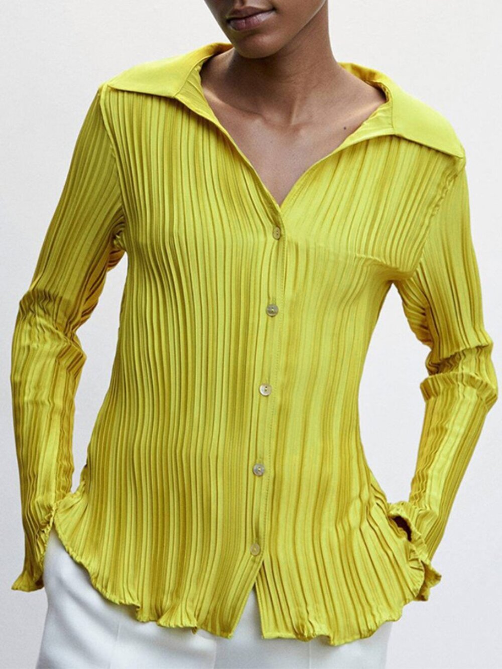 Mango Chartreuse Accordion Pleated Button Up Shirt Size 4
